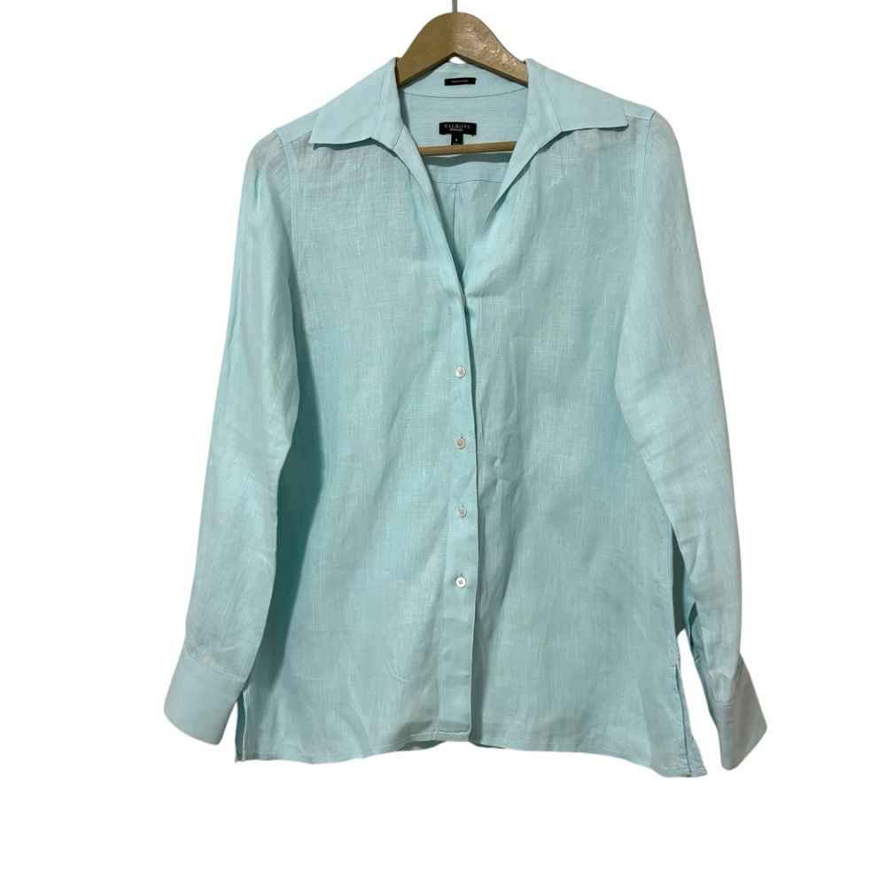 Talbots Size 8 Tirquoise Irish Linen Button Up Shirt Preppy Office Coastal